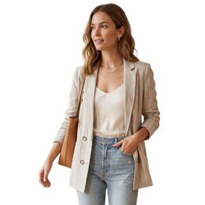H By Halston NWT Linen Blend Striped Blazer Open Front Blazer Beige Size M